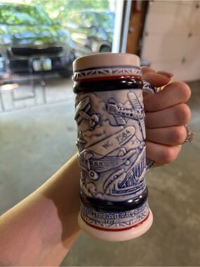 AVON 1982 Hand-Painted Blue & White Ceramic Aviation SteiN-handcrafted in Brazil
